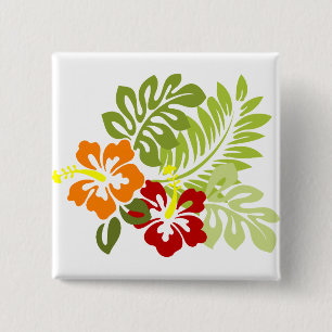 Blume Tropical Blätter Hibiskus Hawaii Red Orange. Button