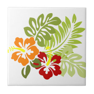 Blume Tropical Blätter Hibiskus Hawaii Red Orange. Fliese