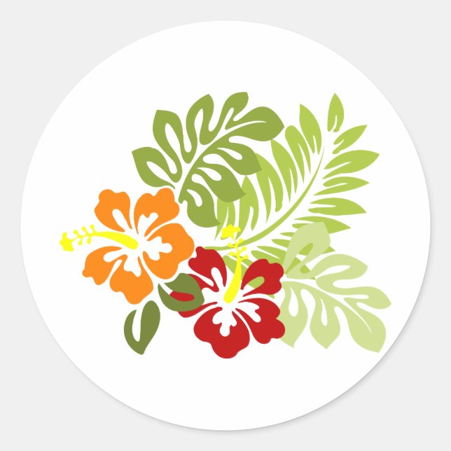 Blume Tropical Blätter Hibiskus Hawaii Red Orange. Runder Aufkleber (Vorderseite)