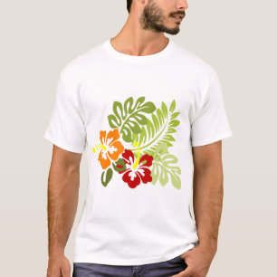 Blume Tropical Blätter Hibiskus Hawaii Red Orange. T-Shirt