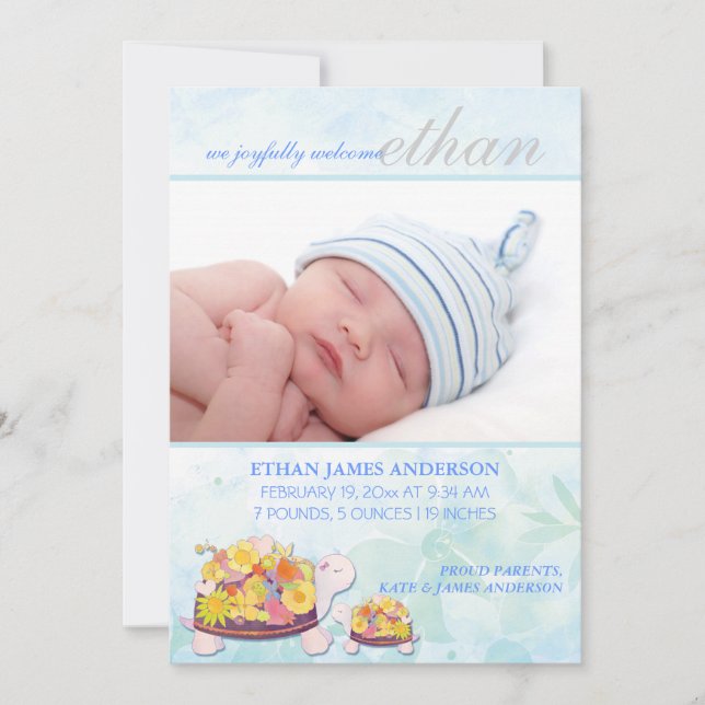 Blume Turtles Baby Boy Geburtsankündigung Ankündigung (Vorderseite)