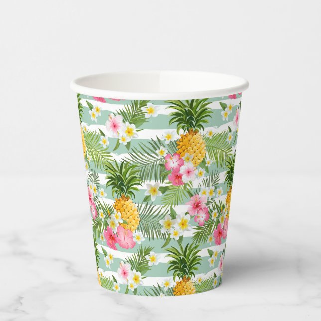 Blume und Ananas Aquamarin Streifen Pappbecher (Links)