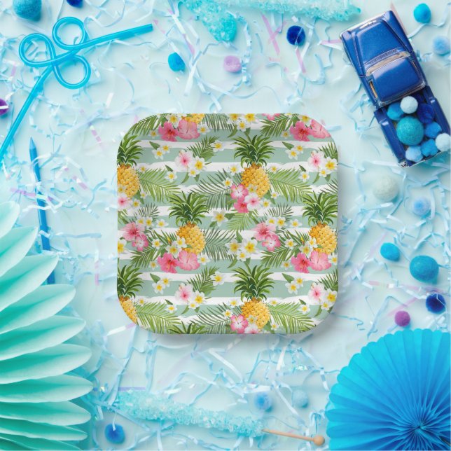 Blume und Ananas Aquamarin Streifen Pappteller (Party)