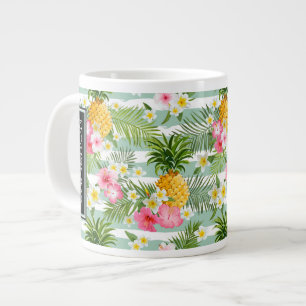 Blume und Ananas Aquamarine Streifen  Name hinzufü Jumbo-Tasse