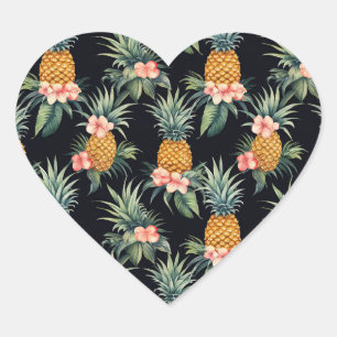 Blume und Ananas aus schwarzem Tropen Herz-Aufkleber
