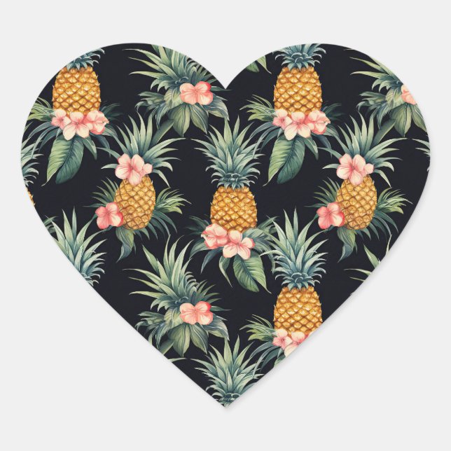 Blume und Ananas aus schwarzem Tropen Herz-Aufkleber (Vorderseite)