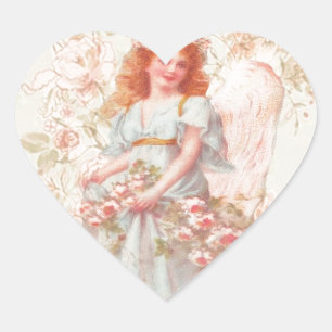 Blume und Angel Vintag Collage Herz-Aufkleber