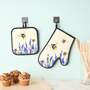 Blume und Bienen Ofen Mitt- und Pottenhalter-Set Ofenhandschuh & Topflappen-Set