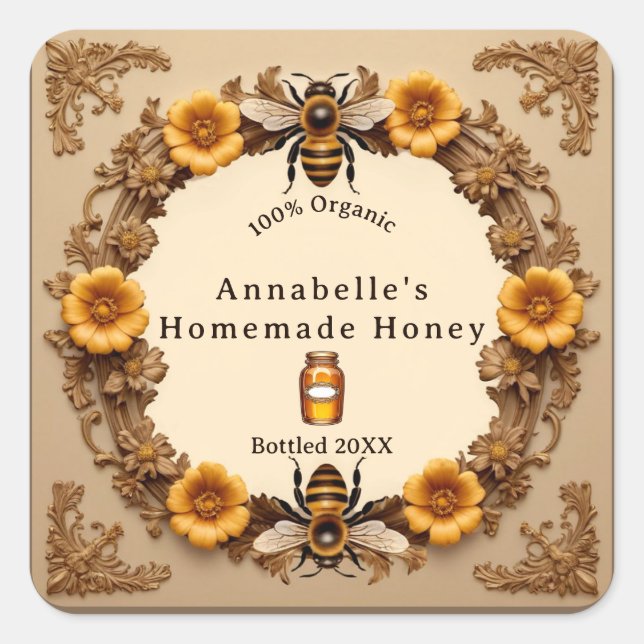 Blume und Bienen selbst gemachte Honig personalisi Quadratischer Aufkleber (Vorderseite)
