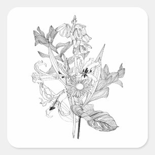 Blume und Blätter aus Palmen im Skizzenstil. Quadratischer Aufkleber
