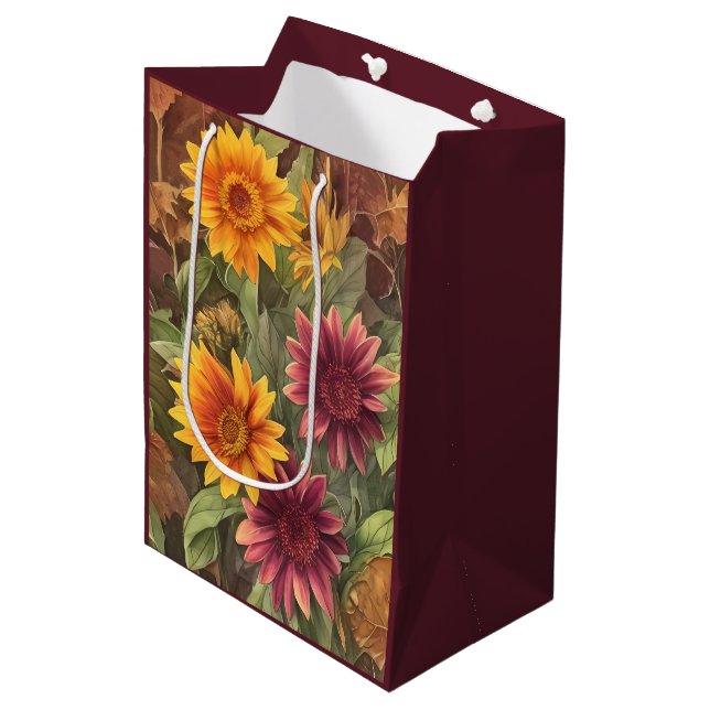 Blume und Blätter im hübschen Herbst Herbst Mittlere Geschenktüte (Vorderseite Schrägansicht)
