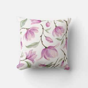 Blume und Blätter in Aquarellfarbe, rosa Magnolien Kissen