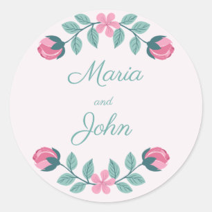 Blume und Blätter Rosa Hochzeitsticker Runder Aufkleber