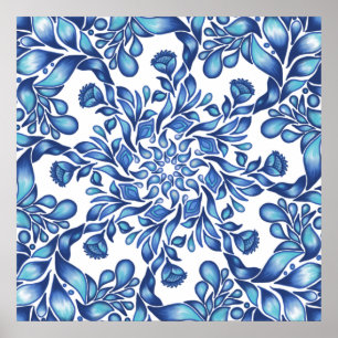 Blume und Blattmandala in der Blues Poster