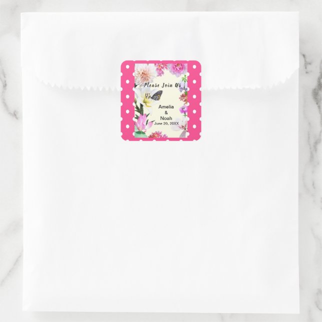 Blume- und Butterfly-Hochzeit Quadratischer Aufkleber (Tasche)