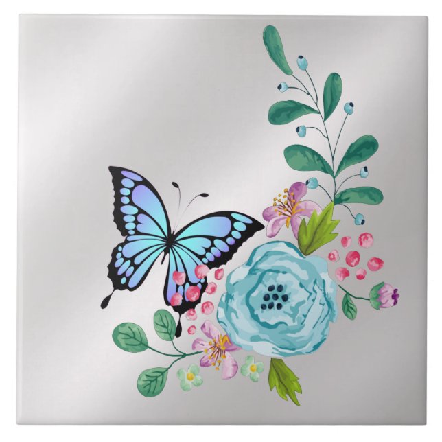 Blume und Butterfly-Keramik Fliese (Vorderseite)
