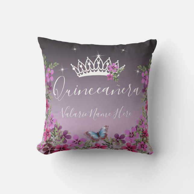 Blume und Butterfly Quinceanera Lila Kissen (Vorderseite)