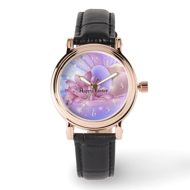Blume und Eier auf farbenfrohen pastellfarbenen Un Armbanduhr (Vorderseite)