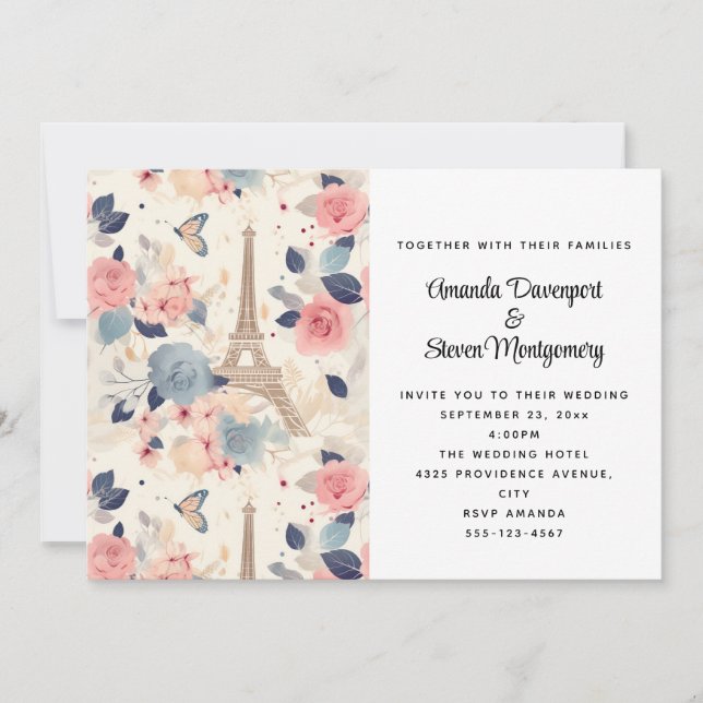 Blume und Eiffelturm Paris Pattern Wedding Einladung (Vorderseite)