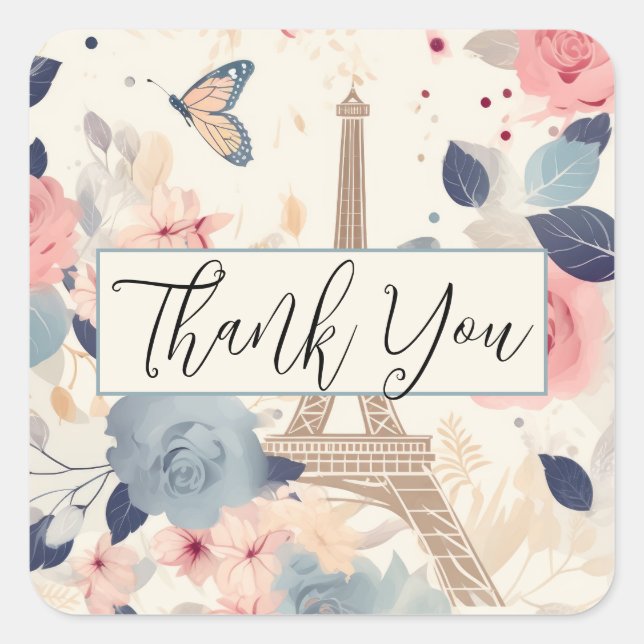 Blume und Eiffelturm Paris Vielen Dank Quadratischer Aufkleber (Vorderseite)