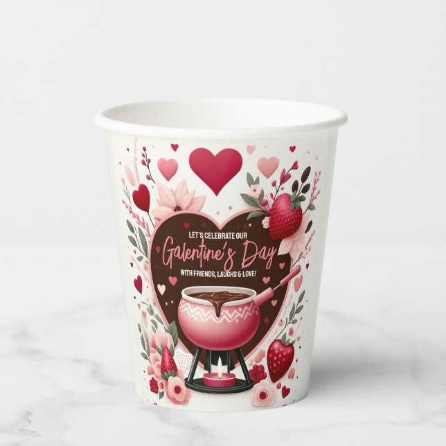Blume und Erdbeeren Galentinisches Fondue-Party Pappbecher (Vorderseite)