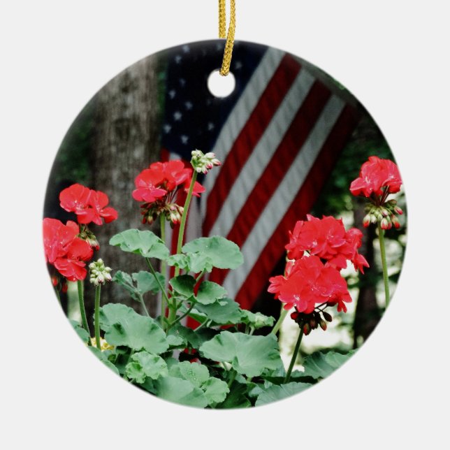 Blume und Fahne Rot, Weiß und Blau Keramikornament (Vorne)
