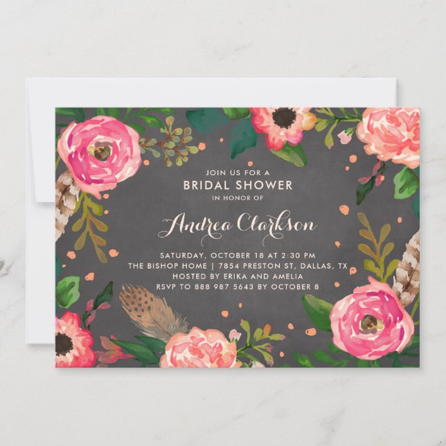 Blume und Feathers Chalkboard Brautparty Einladung (Vorderseite)