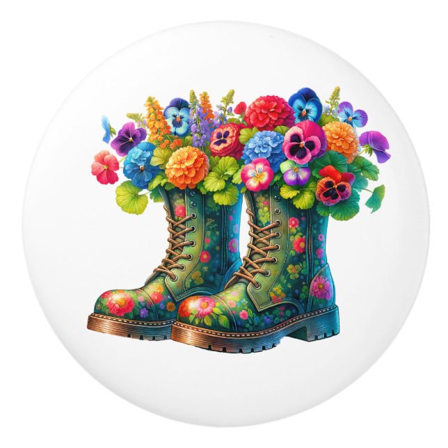 Blume und Gartenstiefel Keramikknauf (Vorderseite)