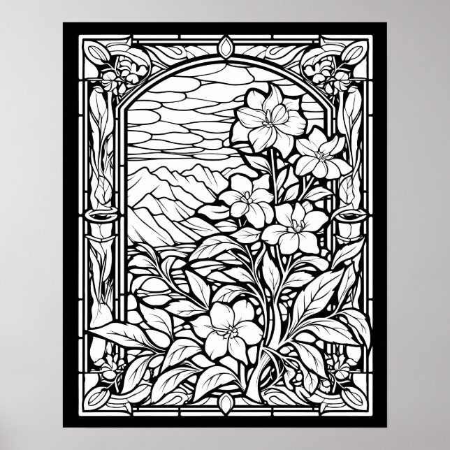 Blume und Gebirge: Glasfenster mit festem Glas Poster (Vorne)