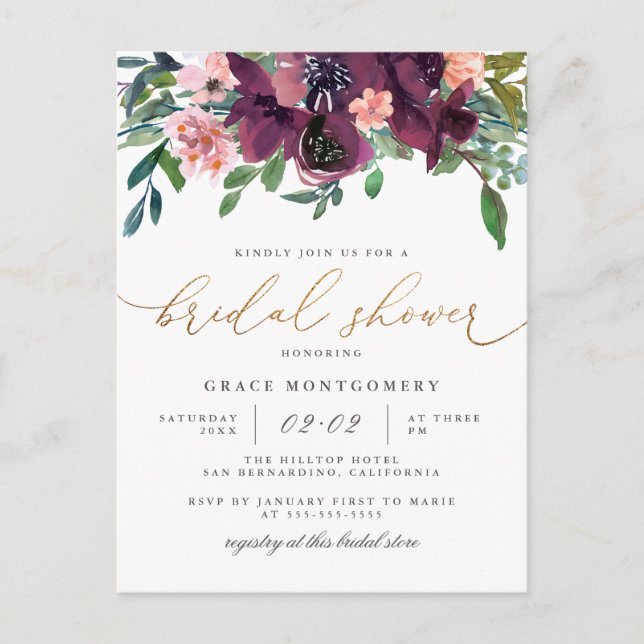 Blume und Gold Glitzer Brautparty Einladungspostkarte (Vorderseite)