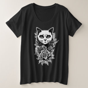 Blume und Gothic Cat Große Größe T-Shirt