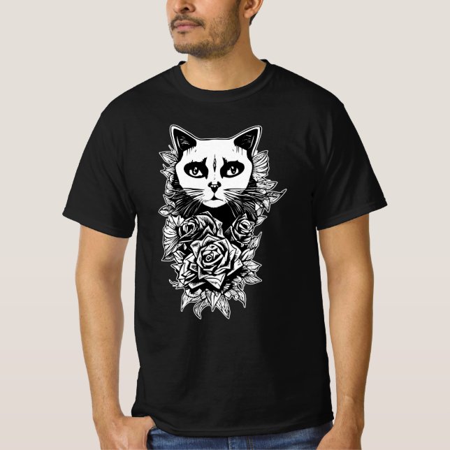 Blume und Gothic Cat T-Shirt (Vorderseite)