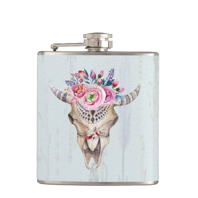 Blume und Horns von Wasserfarben Flachmann (Vorderseite)