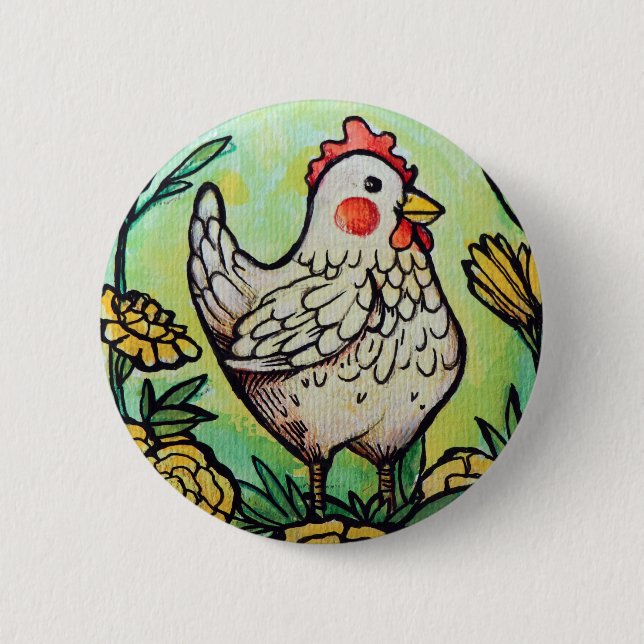 Blume und Hühnerillustration Hühner Button (Vorderseite)