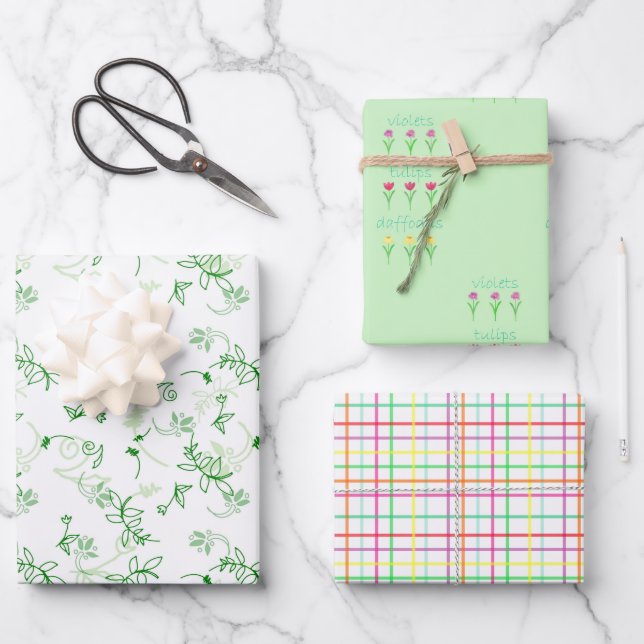 Blume und Karierte Frühjahrsversammlung Geschenkpapier Set (Vorderseite)