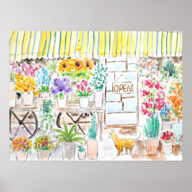 Blume und Katzenfarbe und Aquarell Poster (Vorne)