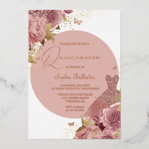 Blume und Kleidung Quinceanera Rose Gold Folieneinladung