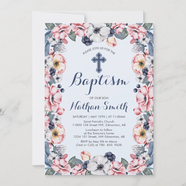 Blume und Kreuz | Boy Baptisk / Christening Einladung (Vorderseite)