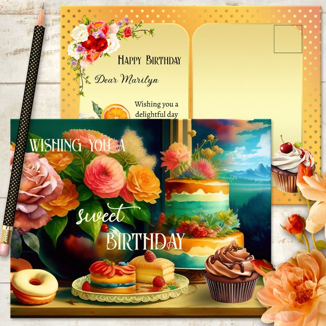 Blume und Kuchen zum Geburtstag Postkarte (A colorful and festive postcard featuring cake and flowers. A lovely birthday treat.)