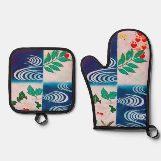 Blume und Laufendes Wasser, Japanisches Design Ofenhandschuh & Topflappen-Set