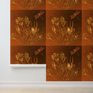 Blume und Libellen aus Gold-Glitzer Tapete