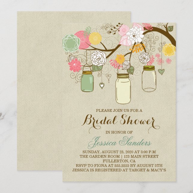 Blume und Mason Jars Bridal Dusche Einladung (Vorne/Hinten)