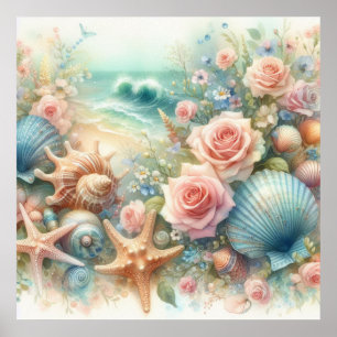 Blume und Muscheln Aquarell in Pastellfarben Poster