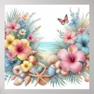 Blume und Muscheln Aquarell in Pastellfarben Poster