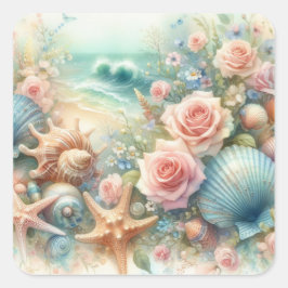 Blume und Muscheln Aquarell in Pastellfarben Quadratischer Aufkleber
