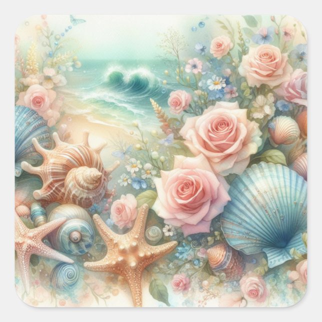 Blume und Muscheln Aquarell in Pastellfarben Quadratischer Aufkleber (Vorderseite)