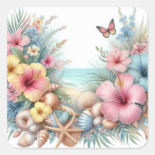 Blume und Muscheln Aquarell in Pastellfarben Quadratischer Aufkleber