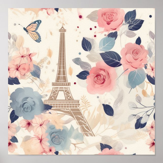 Blume und Pariser Reisemuster des Eiffelturms Poster (Vorne)