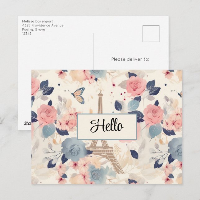 Blume und Pariser Reisemuster des Eiffelturms Postkarte (Vorne/Hinten)
