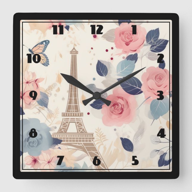 Blume und Pariser Reisemuster des Eiffelturms Quadratische Wanduhr (Vorderseite)